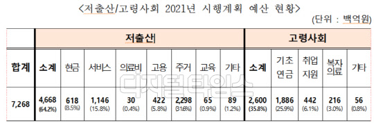 저출산·고령사회 2021년 시행계획 예산 현황 표. <자료:저출산·고령사회위원회>